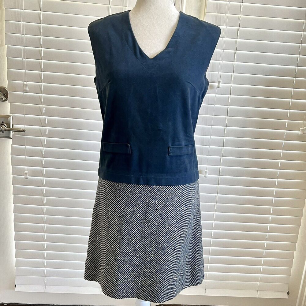 VTG 70's THERMO JAC Medium Navy Blue Velvet Drop Waist Tartan Plaid Wool Dress